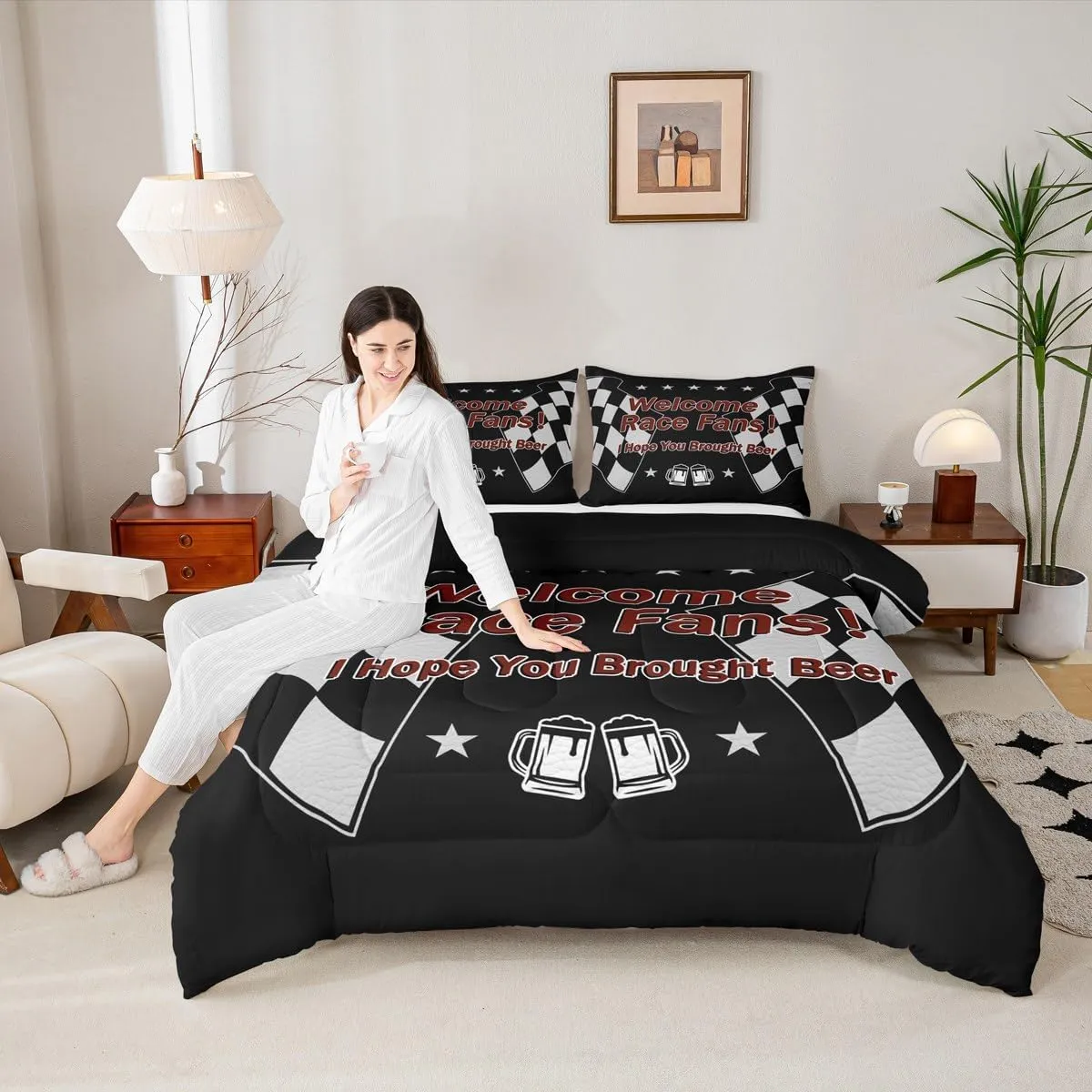 Manfei Race Car Themed Comforter Set with 2 Pillowcases,Black White Checkered Flag Super Soft Microfiber Bedding Set for Adults Teens,Beer Racing Style Duvet Set for Room Decor,King