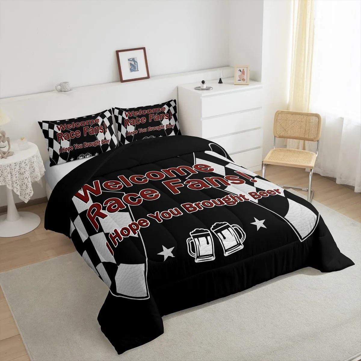 Manfei Race Car Themed Comforter Set with 2 Pillowcases,Black White Checkered Flag Super Soft Microfiber Bedding Set for Adults Teens,Beer Racing Style Duvet Set for Room Decor,King