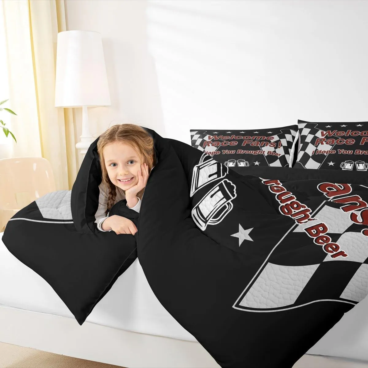 Manfei Race Car Themed Comforter Set with 2 Pillowcases,Black White Checkered Flag Super Soft Microfiber Bedding Set for Adults Teens,Beer Racing Style Duvet Set for Room Decor,King