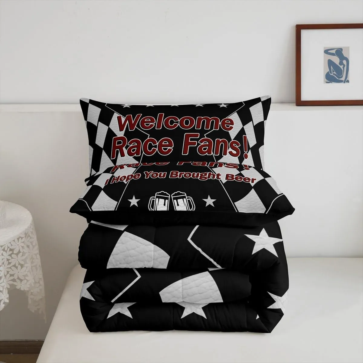 Manfei Race Car Themed Comforter Set with 2 Pillowcases,Black White Checkered Flag Super Soft Microfiber Bedding Set for Adults Teens,Beer Racing Style Duvet Set for Room Decor,King