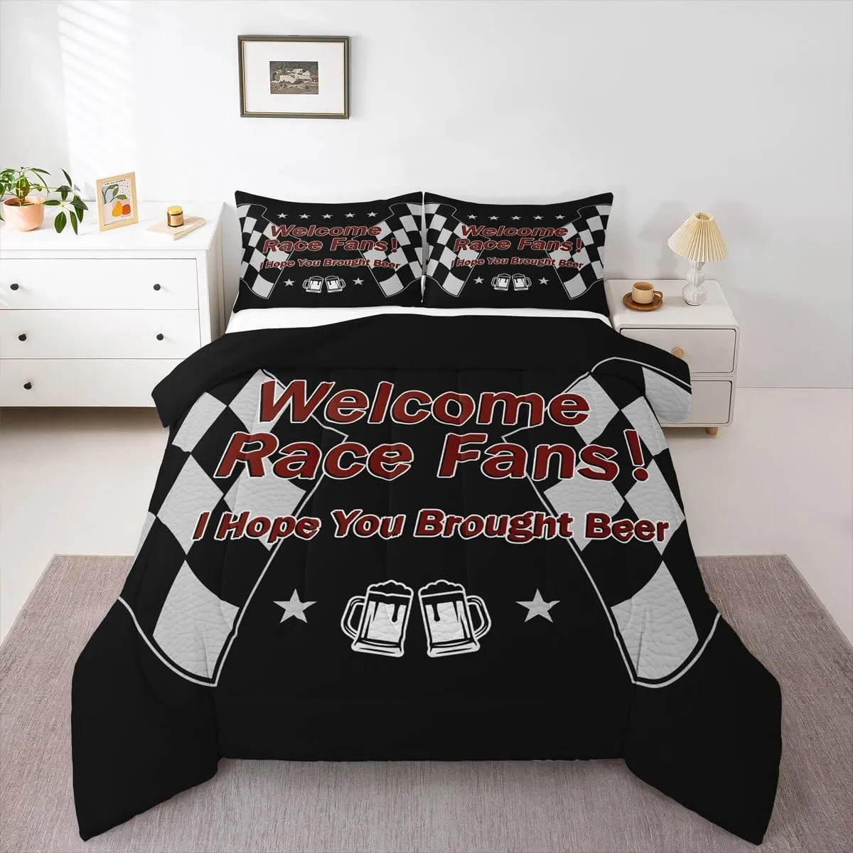 Manfei Race Car Themed Comforter Set with 2 Pillowcases,Black White Checkered Flag Super Soft Microfiber Bedding Set for Adults Teens,Beer Racing Style Duvet Set for Room Decor,King