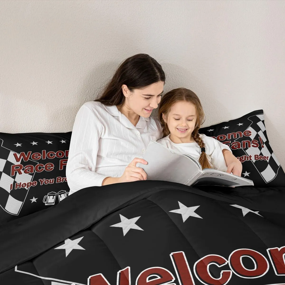 Manfei Race Car Themed Comforter Set with 2 Pillowcases,Black White Checkered Flag Super Soft Microfiber Bedding Set for Adults Teens,Beer Racing Style Duvet Set for Room Decor,King