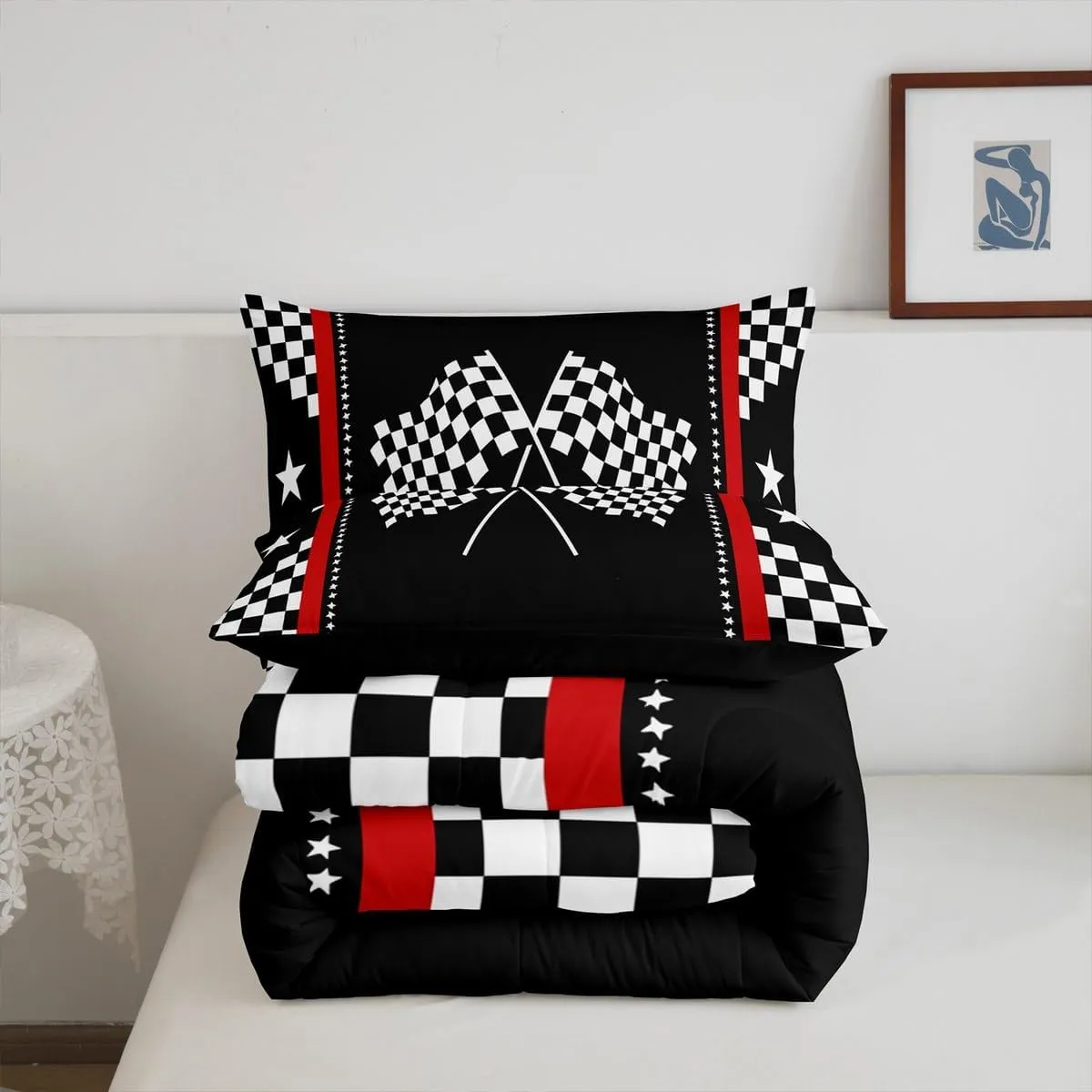 Manfei Racing Flag Kids Comforter Set King Size,Black White Geometric Checkerboard Bedding Set,Boys Girls Room Decor,Race Car Extreme Sports Games Down Comforter,Simple Duvet Insert,2 Pillowcases
