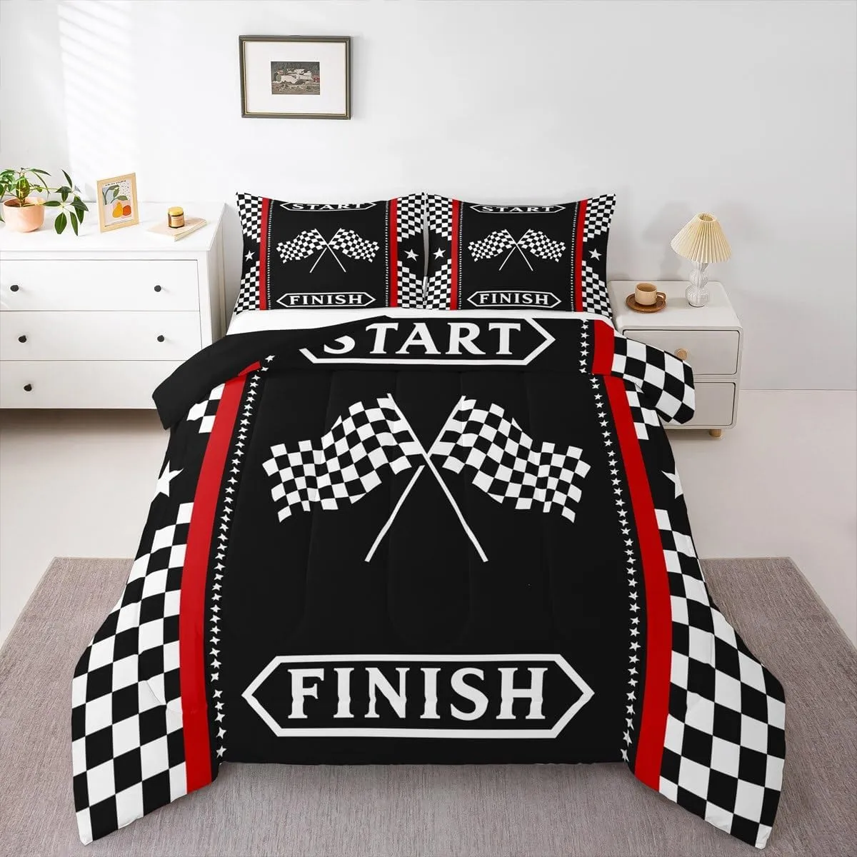 Manfei Racing Flag Kids Comforter Set King Size,Black White Geometric Checkerboard Bedding Set,Boys Girls Room Decor,Race Car Extreme Sports Games Down Comforter,Simple Duvet Insert,2 Pillowcases