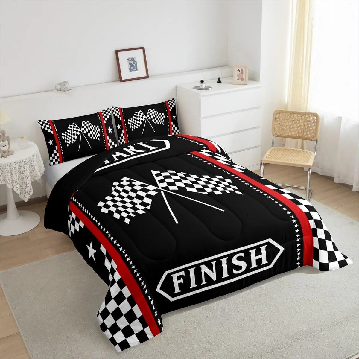 Manfei Racing Flag Kids Comforter Set King Size,Black White Geometric Checkerboard Bedding Set,Boys Girls Room Decor,Race Car Extreme Sports Games Down Comforter,Simple Duvet Insert,2 Pillowcases