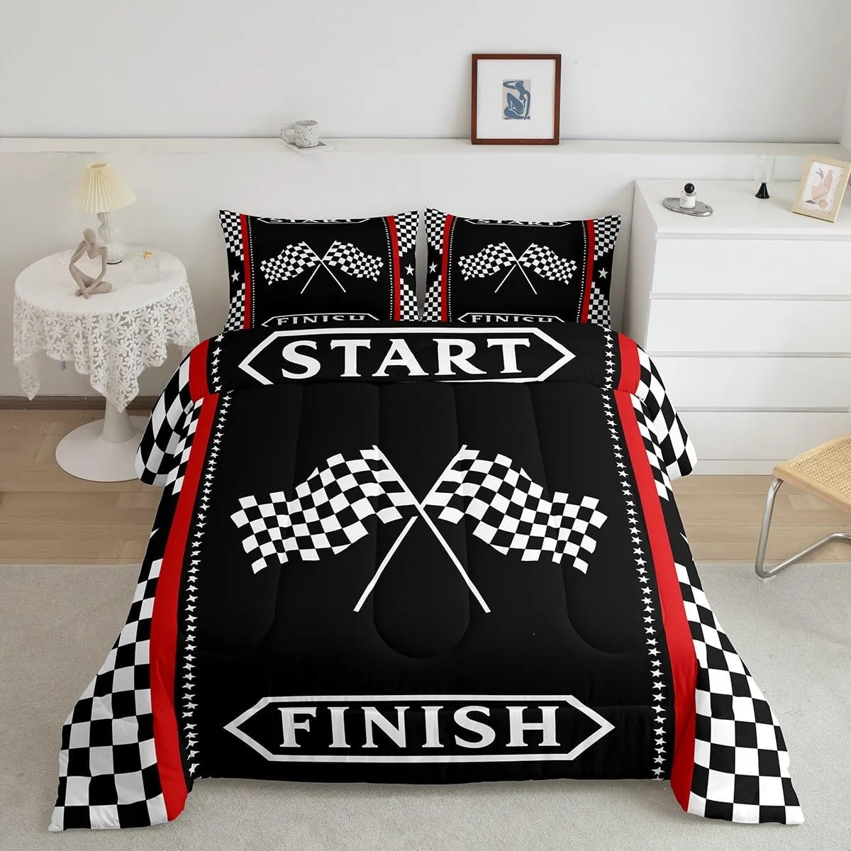 Manfei Racing Flag Kids Comforter Set King Size,Black White Geometric Checkerboard Bedding Set,Boys Girls Room Decor,Race Car Extreme Sports Games Down Comforter,Simple Duvet Insert,2 Pillowcases