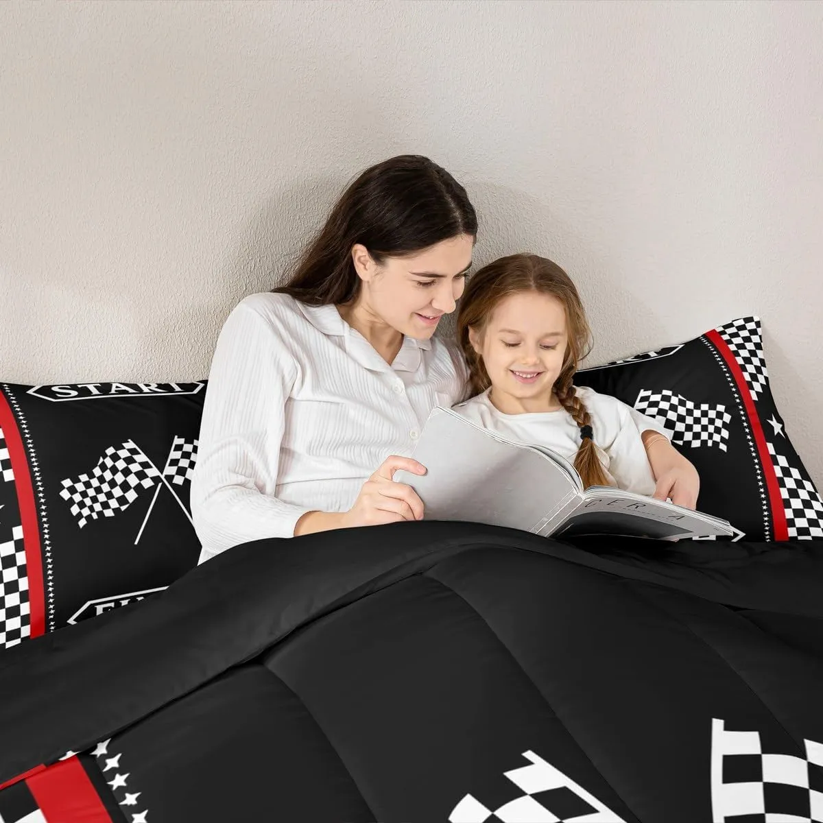 Manfei Racing Flag Kids Comforter Set King Size,Black White Geometric Checkerboard Bedding Set,Boys Girls Room Decor,Race Car Extreme Sports Games Down Comforter,Simple Duvet Insert,2 Pillowcases