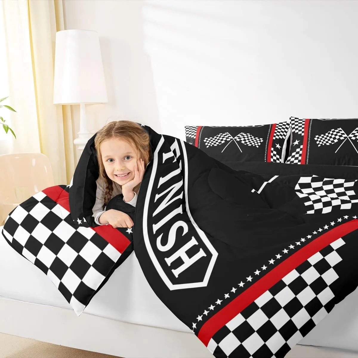 Manfei Racing Flag Kids Comforter Set King Size,Black White Geometric Checkerboard Bedding Set,Boys Girls Room Decor,Race Car Extreme Sports Games Down Comforter,Simple Duvet Insert,2 Pillowcases