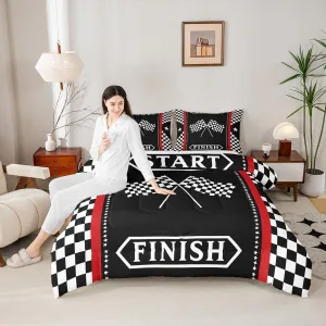 Manfei Racing Flag Kids Comforter Set King Size,Black White Geometric Checkerboard Bedding Set,Boys Girls Room Decor,Race Car Extreme Sports Games Down Comforter,Simple Duvet Insert,2 Pillowcases