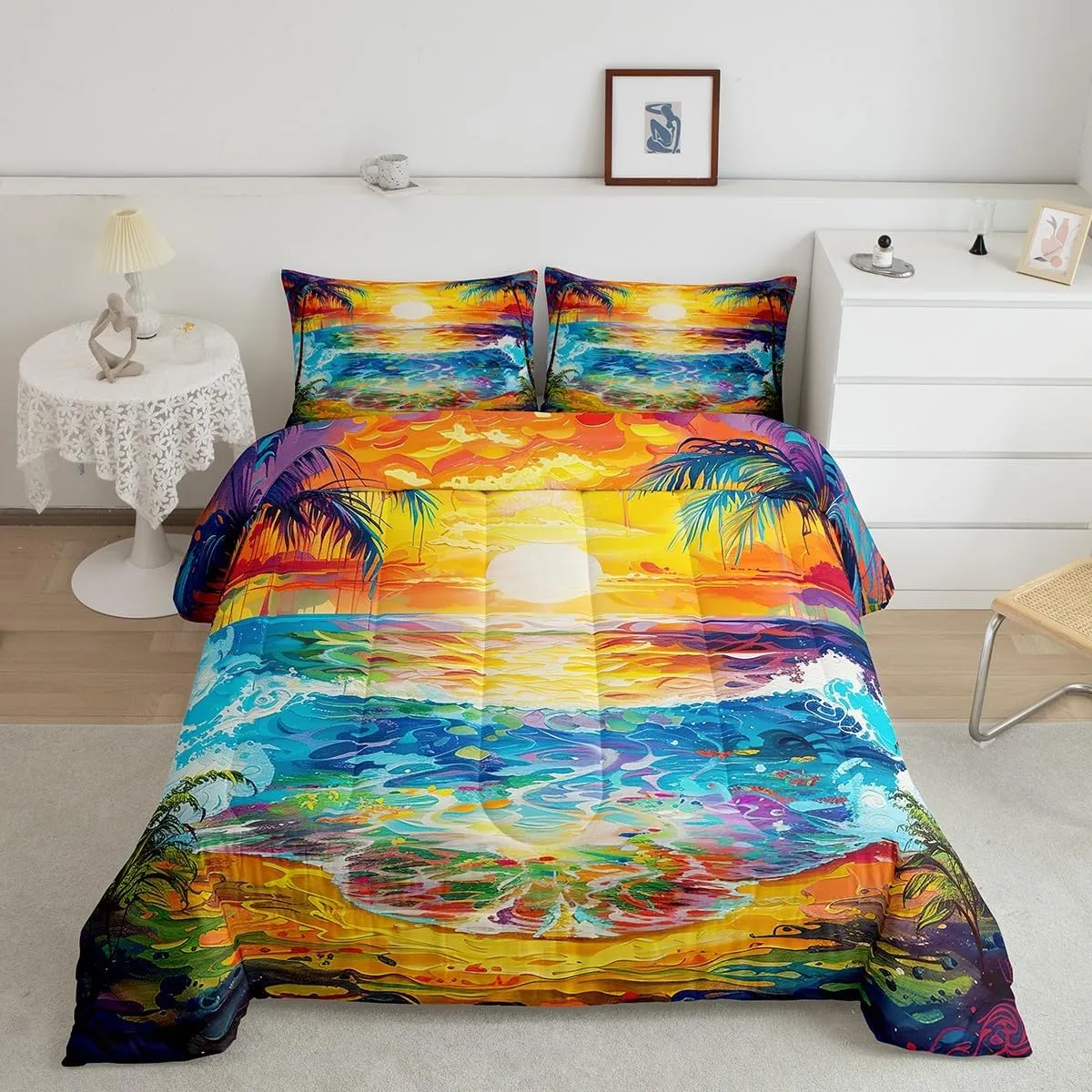 Manfei Summer Beach Comforter Set,Ocean Sea Sun Bedding Set for Kids Teens,Coconut Tree Hawaii Landscape Quilt Set,Duvet Insert 2 Pcs with 1 Pillowcase,Toddler