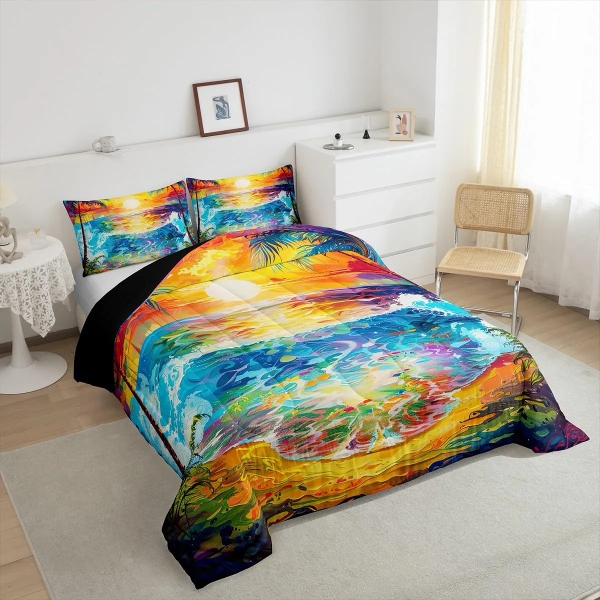 Manfei Summer Beach Comforter Set,Ocean Sea Sun Bedding Set for Kids Teens,Coconut Tree Hawaii Landscape Quilt Set,Duvet Insert 2 Pcs with 1 Pillowcase,Toddler