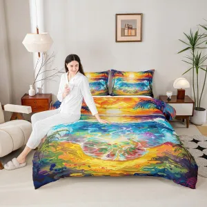 Manfei Summer Beach Comforter Set,Ocean Sea Sun Bedding Set for Kids Teens,Coconut Tree Hawaii Landscape Quilt Set,Duvet Insert 2 Pcs with 1 Pillowcase,Toddler