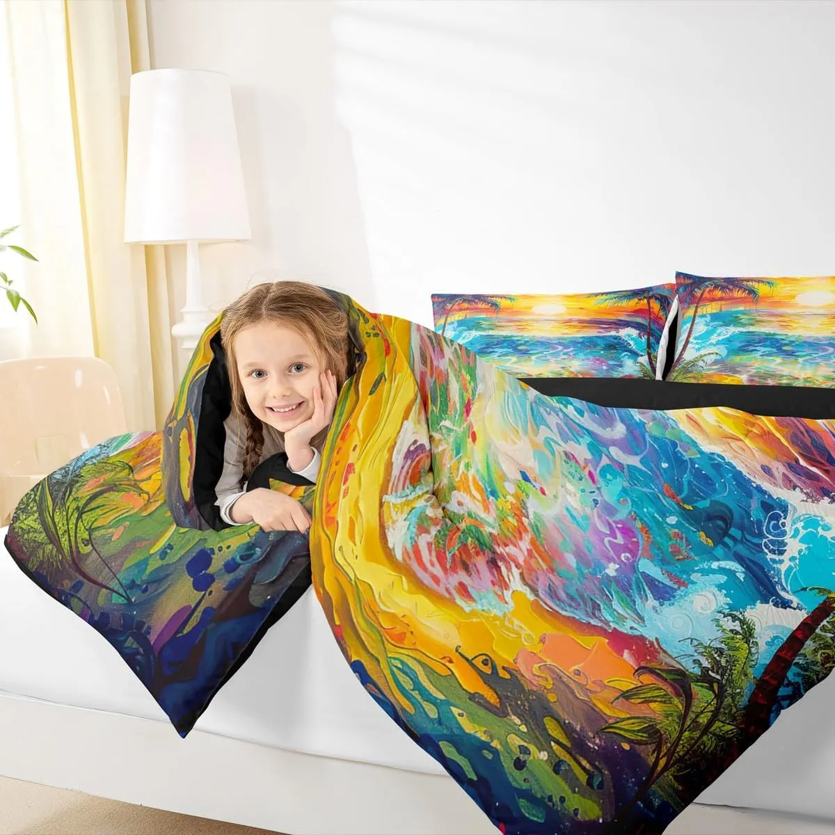 Manfei Summer Beach Comforter Set,Ocean Sea Sun Bedding Set for Kids Teens,Coconut Tree Hawaii Landscape Quilt Set,Duvet Insert 2 Pcs with 1 Pillowcase,Toddler