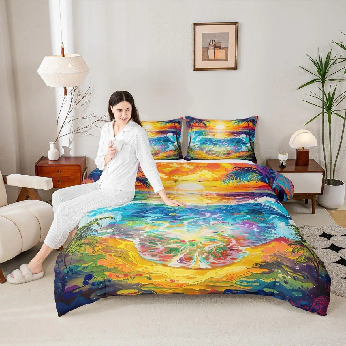 Manfei Summer Beach Comforter Set,Ocean Sea Sun Bedding Set for Kids Teens,Coconut Tree Hawaii Landscape Quilt Set,Duvet Insert 2 Pcs with 1 Pillowcase,Toddler