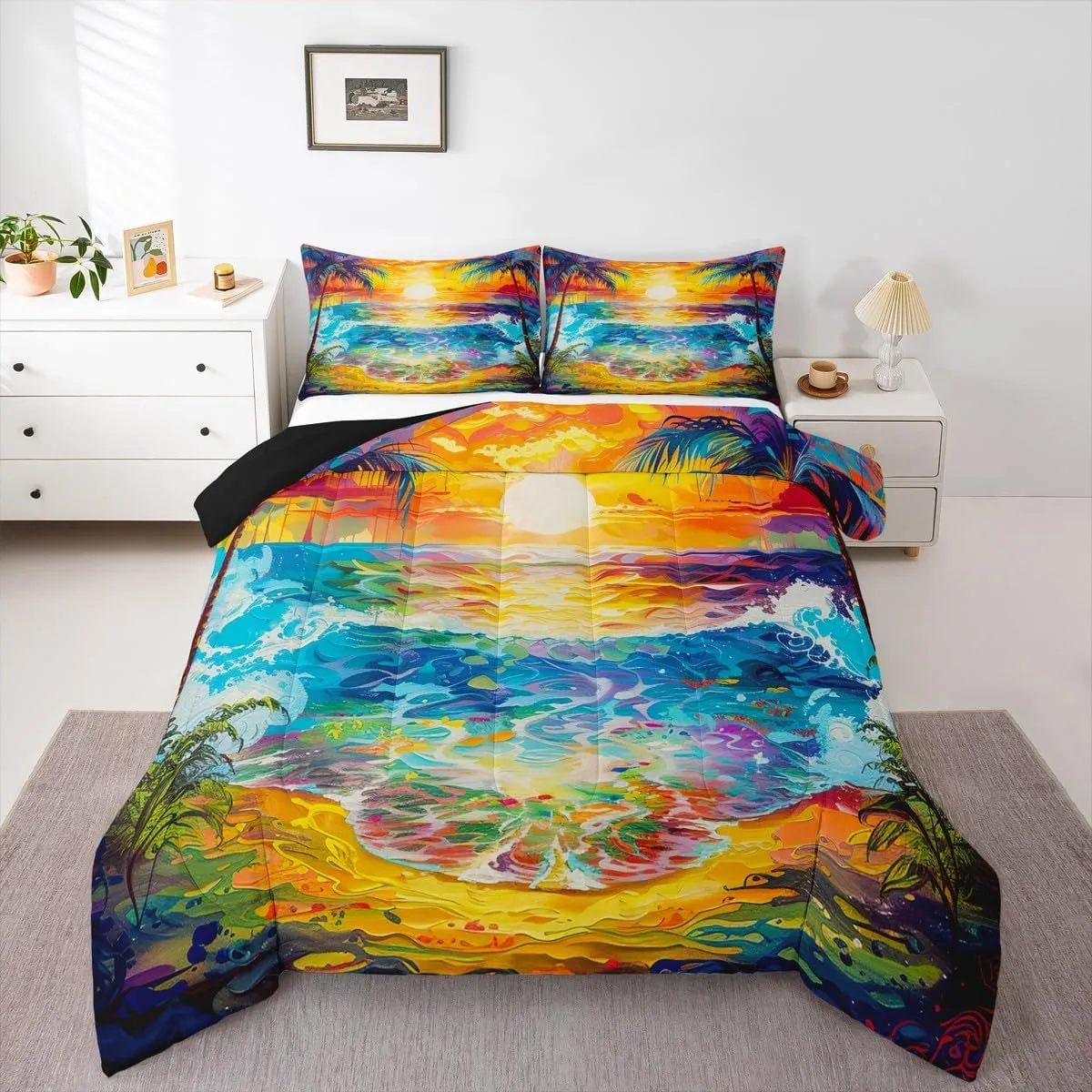 Manfei Summer Beach Comforter Set,Ocean Sea Sun Bedding Set for Kids Teens,Coconut Tree Hawaii Landscape Quilt Set,Duvet Insert 2 Pcs with 1 Pillowcase,Toddler