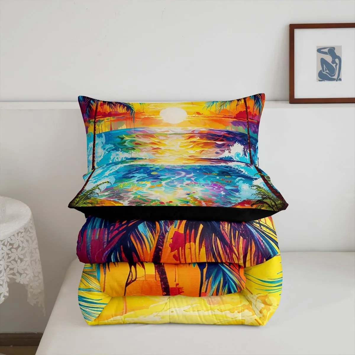 Manfei Summer Beach Comforter Set,Ocean Sea Sun Bedding Set for Kids Teens,Coconut Tree Hawaii Landscape Quilt Set,Duvet Insert 2 Pcs with 1 Pillowcase,Toddler