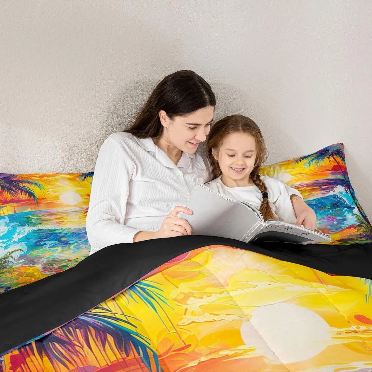 Manfei Summer Beach Comforter Set,Ocean Sea Sun Bedding Set for Kids Teens,Coconut Tree Hawaii Landscape Quilt Set,Duvet Insert 2 Pcs with 1 Pillowcase,Toddler