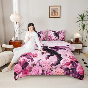 Manfei Western Dragon Kids Comforter Set King Size,Roses Peony Flowers Romantic Bedding Set,Girls Women Room Decor,Ancient Animal Western Dragon Down Comforter,Pink Black Duvet Insert,2 Pillowcases