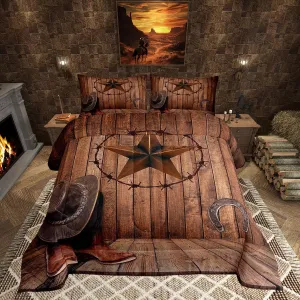 Manfei Western Texas Star Kids Comforter Set Full Size,Cowboy Horseshoe Old Wooden Door Bedding Set,Girls Boys Adults Room Decor,Rustic Farmhouse Down Comforter,Brown Retro Duvet Insert,2 Pillowcases