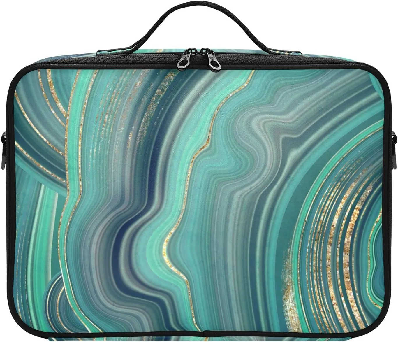 Marble Agate with Green and Gold Veins Powder Marbling Surface Women's Portable Makeup Bag with Handle, Cosmetic Bag, Adjustable Dividers, Travel Cosmetic Toiletry Storage Organizer for women