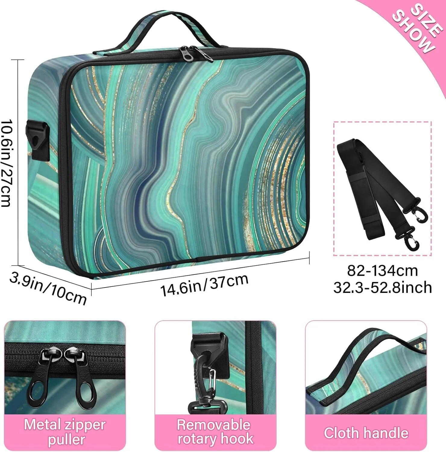 Marble Agate with Green and Gold Veins Powder Marbling Surface Women's Portable Makeup Bag with Handle, Cosmetic Bag, Adjustable Dividers, Travel Cosmetic Toiletry Storage Organizer for women