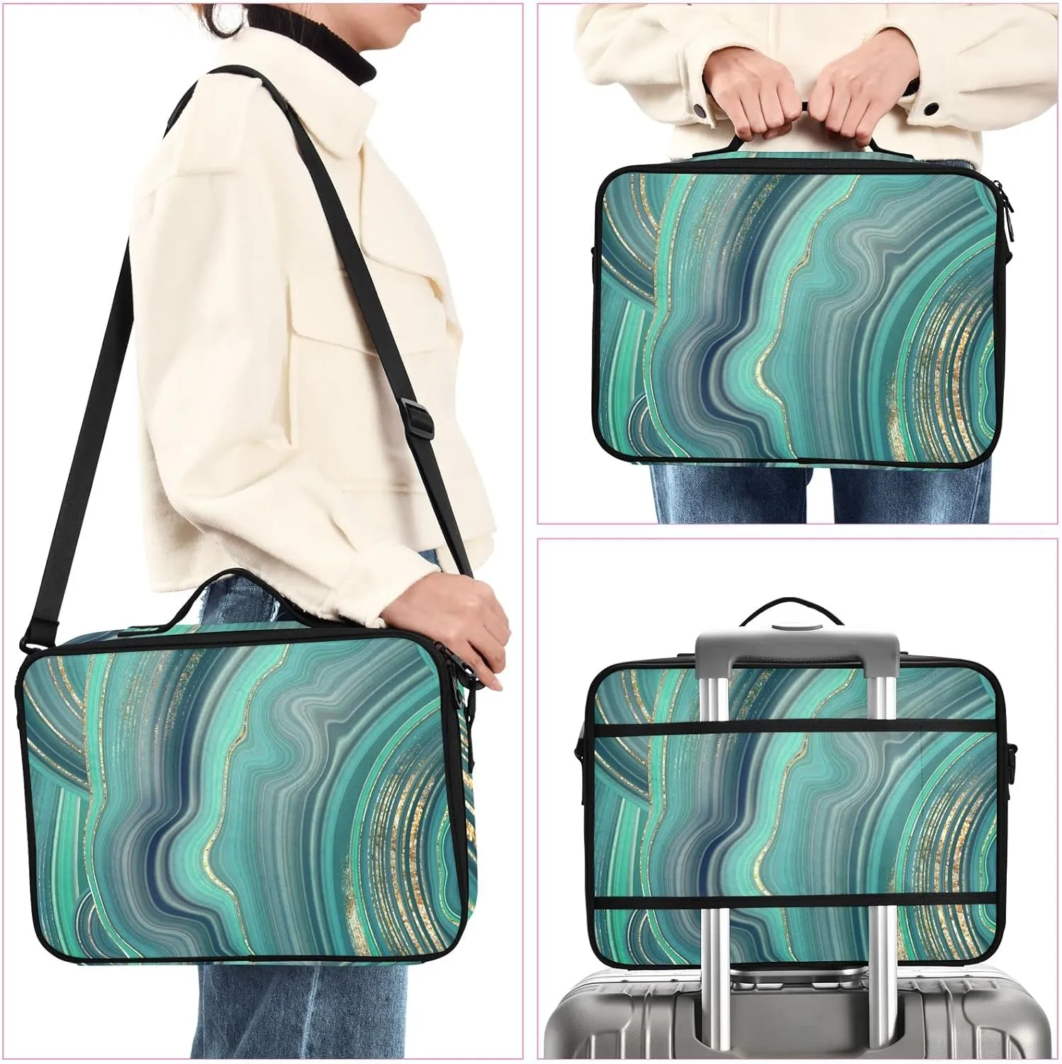 Marble Agate with Green and Gold Veins Powder Marbling Surface Women's Portable Makeup Bag with Handle, Cosmetic Bag, Adjustable Dividers, Travel Cosmetic Toiletry Storage Organizer for women