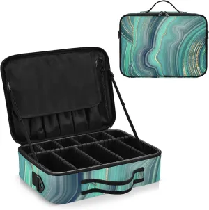 Marble Agate with Green and Gold Veins Powder Marbling Surface Women's Portable Makeup Bag with Handle, Cosmetic Bag, Adjustable Dividers, Travel Cosmetic Toiletry Storage Organizer for women