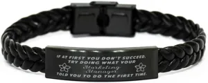 Marketing Manager Braided Leather Bracelet, If at first you don't succeed, try doing what your athletic trainer told you to do the first time., Laser Engraved, Stainless Steel Wristband