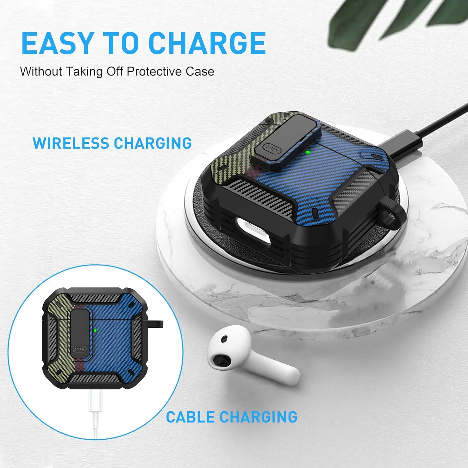 Maxjoy for AirPods 4 Case with Lock, AirPods 4th Generation Case Cover with Cleaner Kit Shockproof AirPod Gen 4 Protective Cases with Keychain Compatible with Apple AirPods4 2024, Carbon Fiber Blue