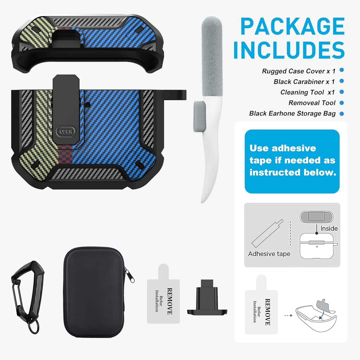 Maxjoy for AirPods 4 Case with Lock, AirPods 4th Generation Case Cover with Cleaner Kit Shockproof AirPod Gen 4 Protective Cases with Keychain Compatible with Apple AirPods4 2024, Carbon Fiber Blue