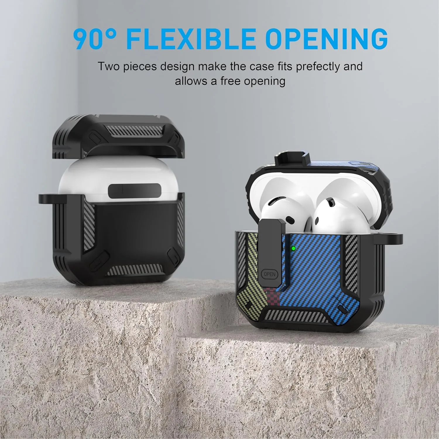 Maxjoy for AirPods 4 Case with Lock, AirPods 4th Generation Case Cover with Cleaner Kit Shockproof AirPod Gen 4 Protective Cases with Keychain Compatible with Apple AirPods4 2024, Carbon Fiber Blue