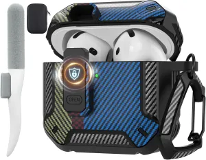 Maxjoy for AirPods 4 Case with Lock, AirPods 4th Generation Case Cover with Cleaner Kit Shockproof AirPod Gen 4 Protective Cases with Keychain Compatible with Apple AirPods4 2024, Carbon Fiber Blue