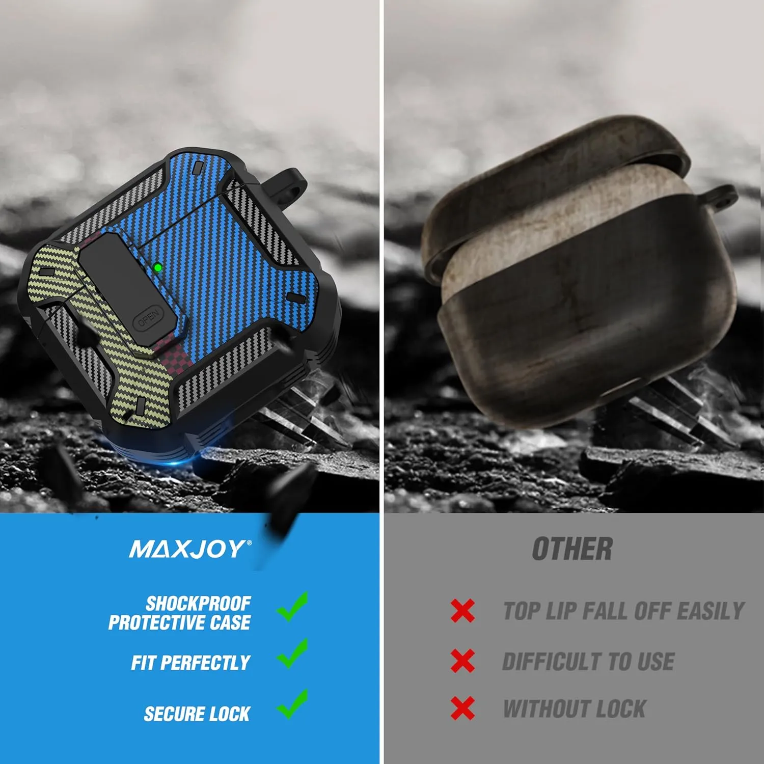 Maxjoy for AirPods 4 Case with Lock, AirPods 4th Generation Case Cover with Cleaner Kit Shockproof AirPod Gen 4 Protective Cases with Keychain Compatible with Apple AirPods4 2024, Carbon Fiber Blue