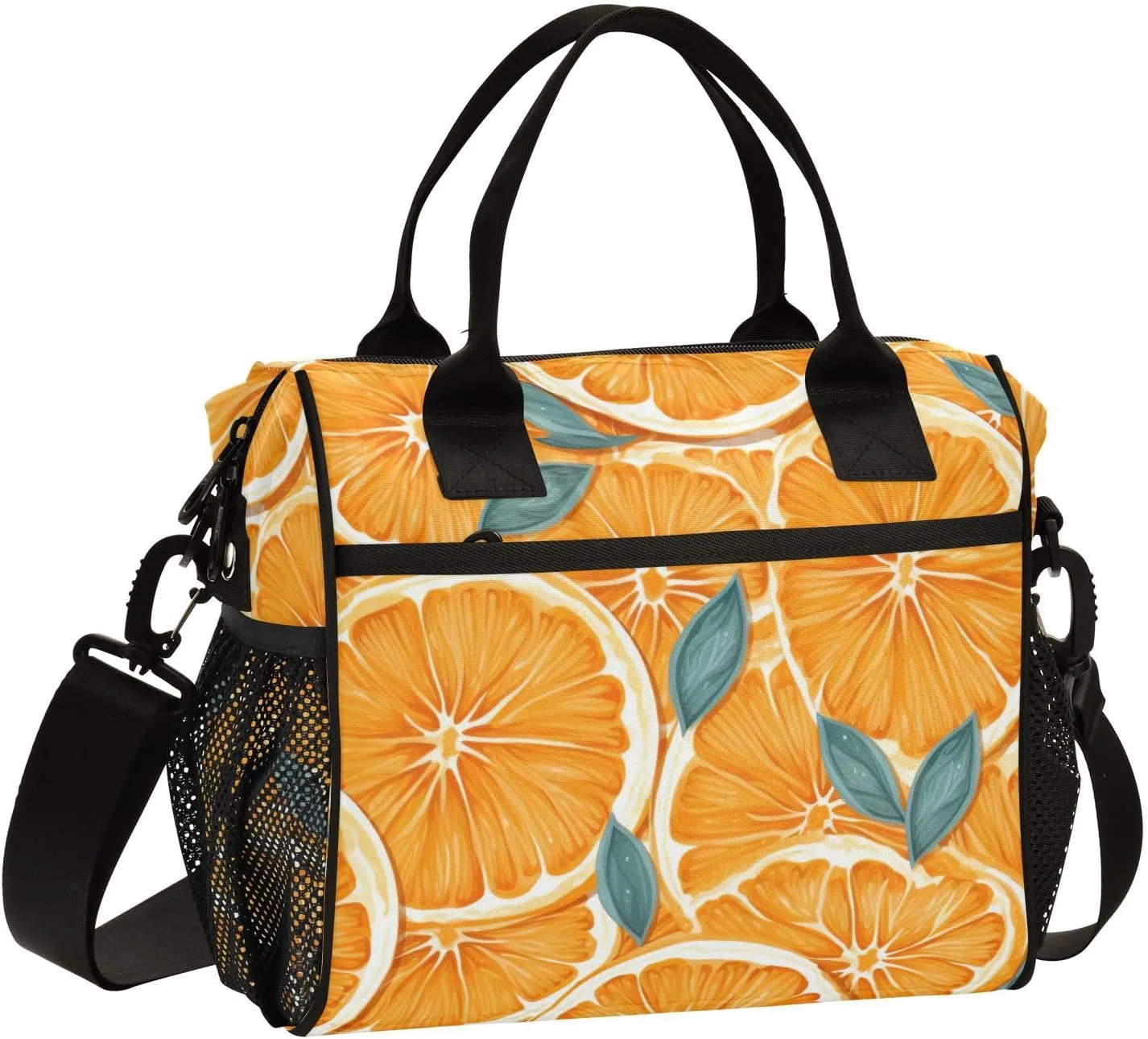 MCHIVER Orange Slices Juicy Lunch Bag Insulated Lunch Box with Adjustable Shoulder Strap Reusable Cooler Bag with Side Pockets Large Lunchbox for Work Picnic Travel Office Size S