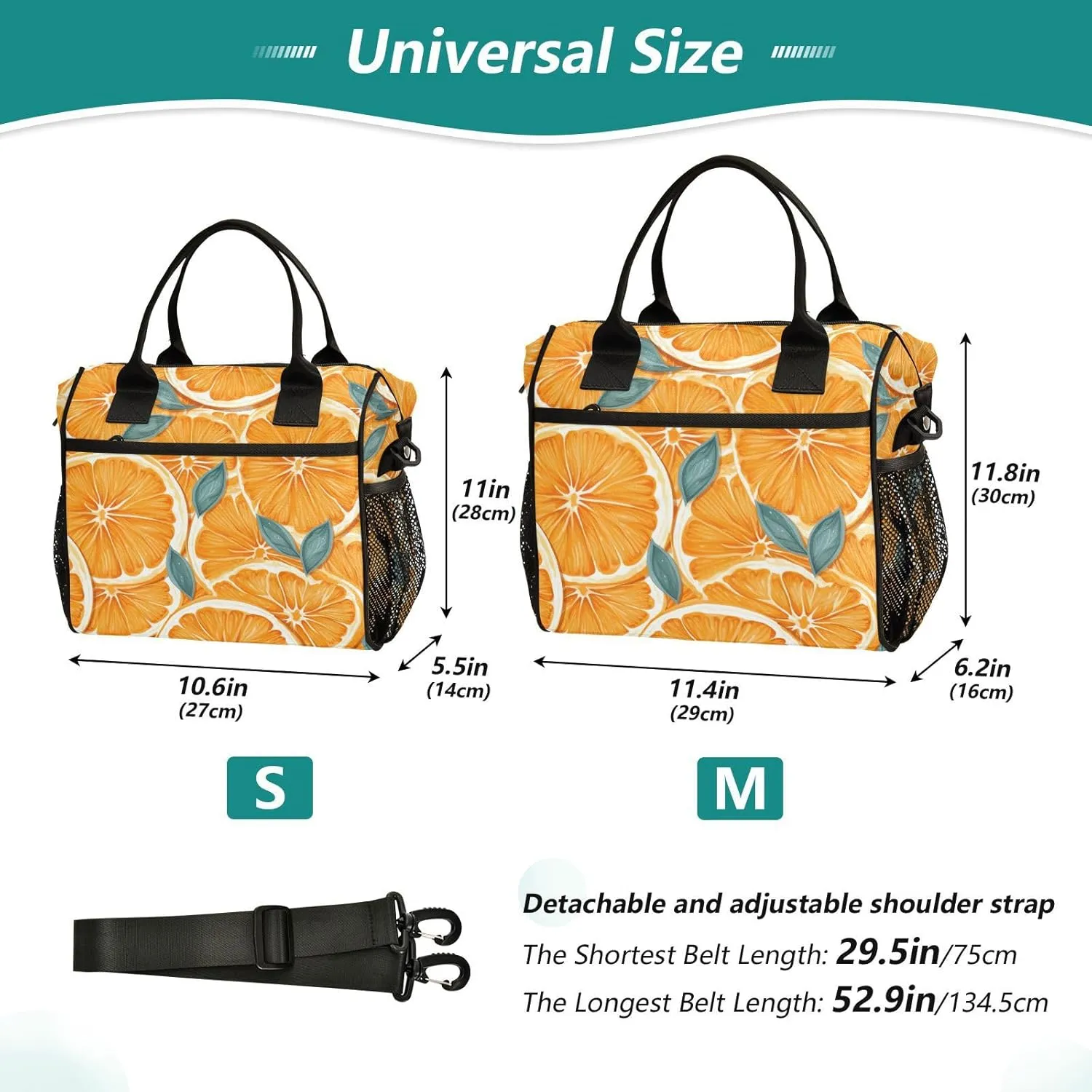 MCHIVER Orange Slices Juicy Lunch Bag Insulated Lunch Box with Adjustable Shoulder Strap Reusable Cooler Bag with Side Pockets Large Lunchbox for Work Picnic Travel Office Size S