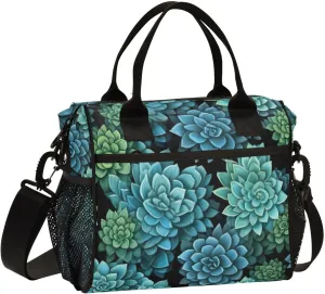 MCHIVER Succulents Cactus Lunch Bag Insulated Lunch Box with Adjustable Shoulder Strap Reusable Cooler Bag with Side Pockets Large Lunchbox for Work Picnic Office Travel Size S