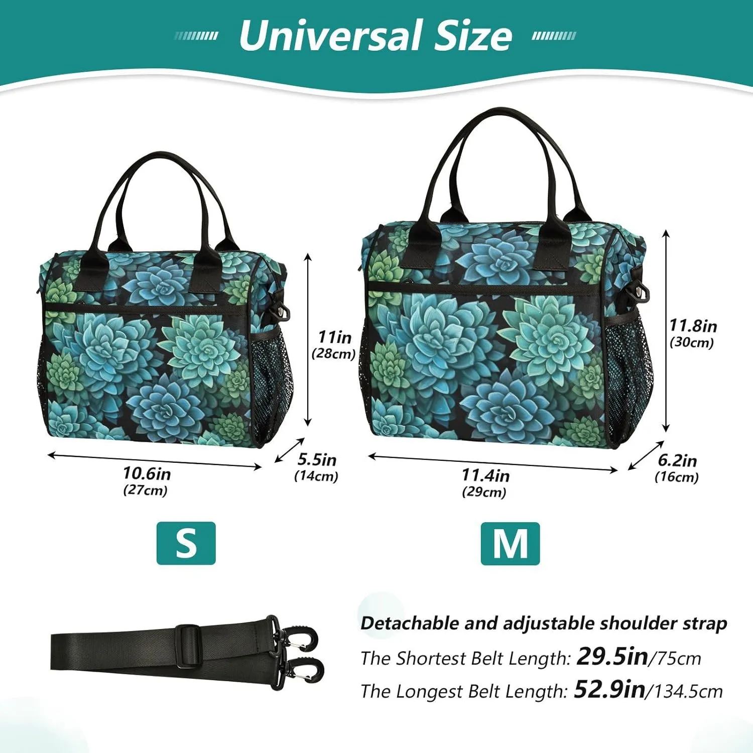 MCHIVER Succulents Cactus Lunch Bag Insulated Lunch Box with Adjustable Shoulder Strap Reusable Cooler Bag with Side Pockets Large Lunchbox for Work Picnic Office Travel Size S