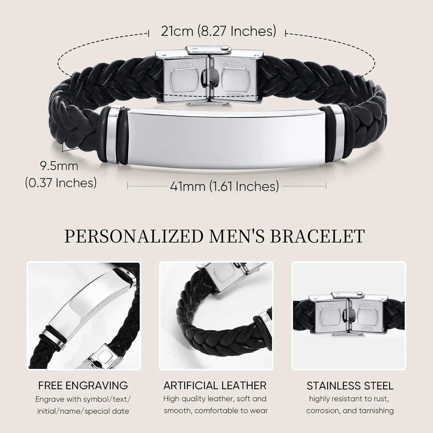 MEALGUET Personalized Leather Bracelet for Men: Braided Leather Engraved Name ID Wristband for Boyfriend, Husband, Dad - Custom Gift for Valentine's Day, Birthday, Anniversary