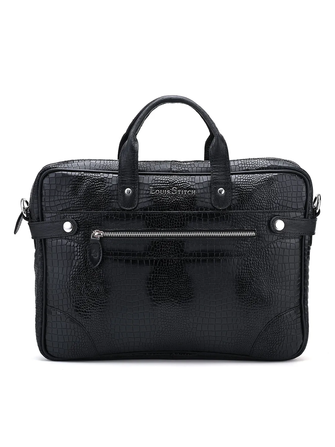 Men's Black Italian Leather Dual Tone Laptop Bag with Shoulder Strap