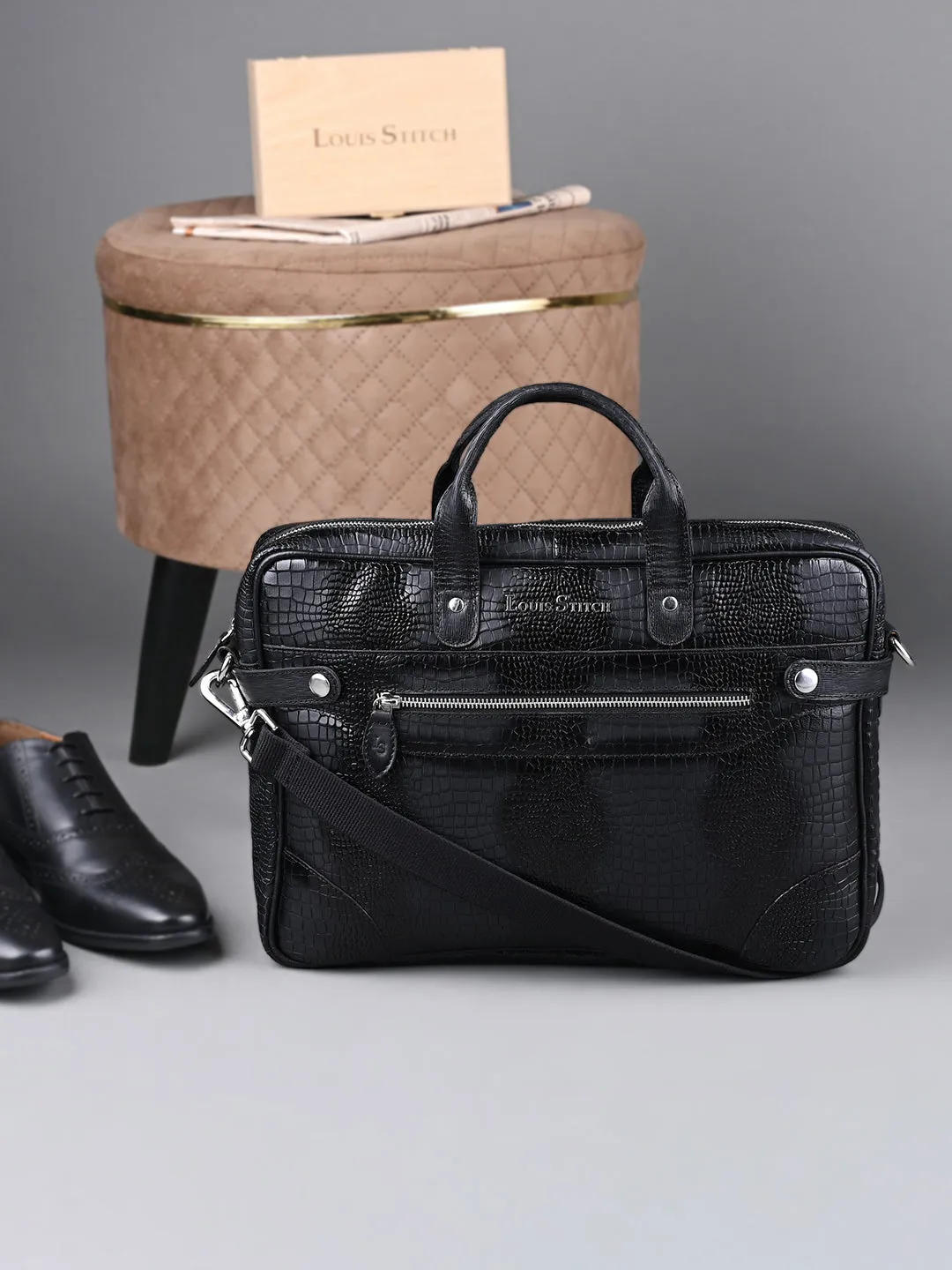 Men's Black Italian Leather Dual Tone Laptop Bag with Shoulder Strap