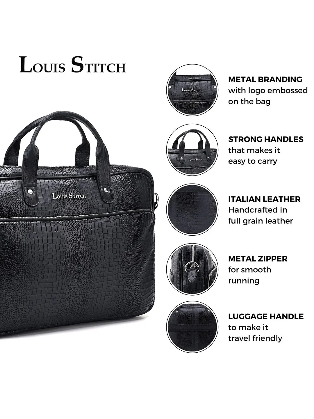 Men's Black Italian Leather Dual Tone Laptop Bag with Shoulder Strap