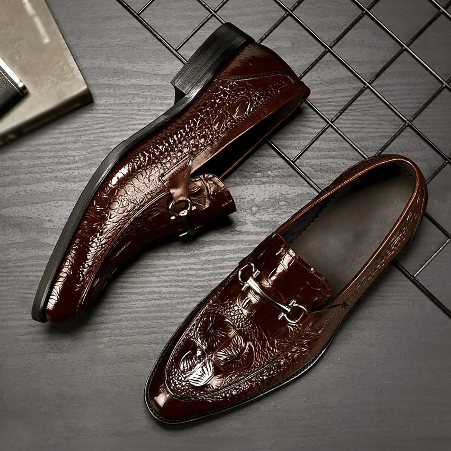 Men's Dress Shoes Business Casual Leather Shoes with Embossing, Non-Slip Rubber Sole for Office Meetings, Weddings and Professional Events