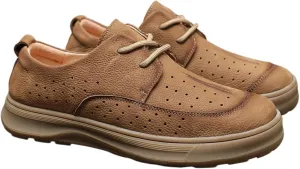 Men's Genuine Leather Business Casual Shoes - Cushioned Insoles, Breathable Oxfords for Office Wear with Slip-Resistant Sole (Gray, Khaki)