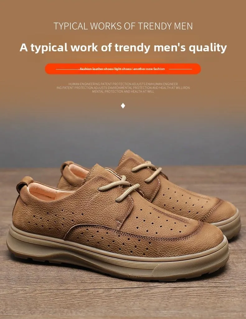 Men's Genuine Leather Business Casual Shoes - Cushioned Insoles, Breathable Oxfords for Office Wear with Slip-Resistant Sole (Gray, Khaki)