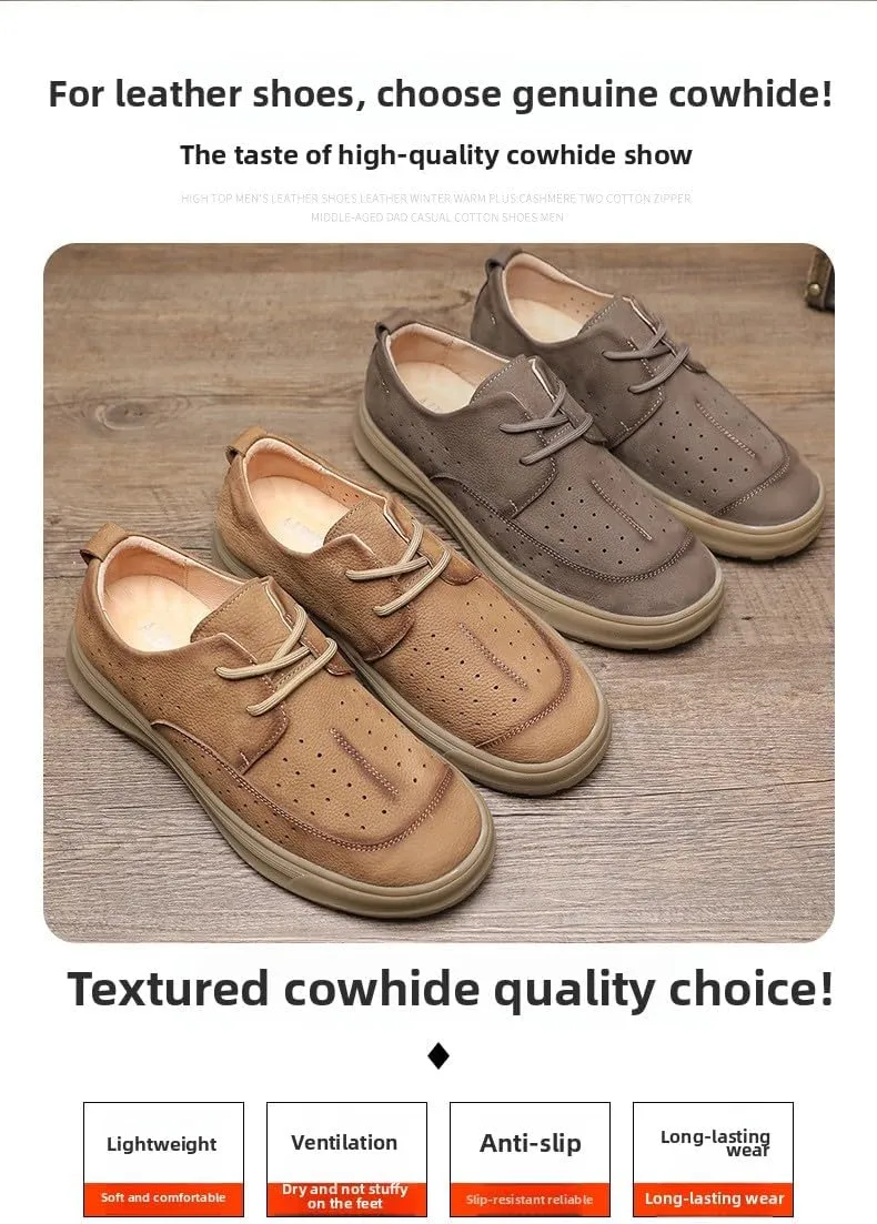 Men's Genuine Leather Business Casual Shoes - Cushioned Insoles, Breathable Oxfords for Office Wear with Slip-Resistant Sole (Gray, Khaki)