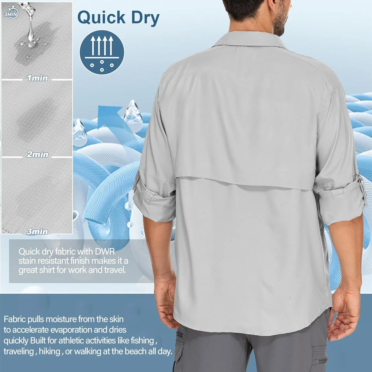 Mens Safari Shirts Long Sleeve UV Protection Hiking Fishing UPF 50  Quick Dry Camping Travel Shirts