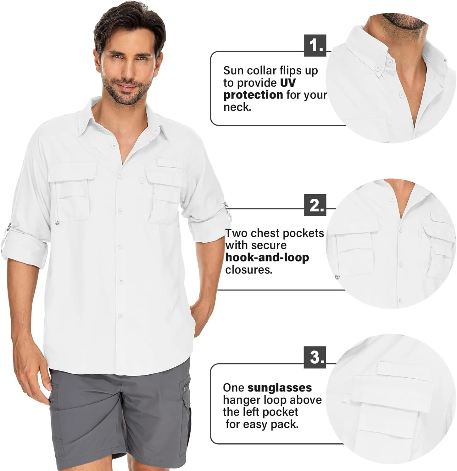 Mens Safari Shirts Long Sleeve UV Protection Hiking Fishing UPF 50  Quick Dry Camping Travel Shirts