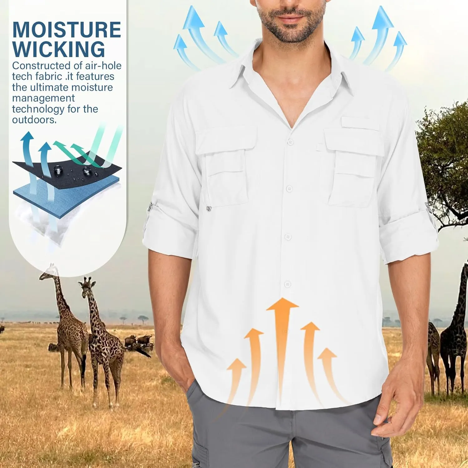 Mens Safari Shirts Long Sleeve UV Protection Hiking Fishing UPF 50  Quick Dry Camping Travel Shirts