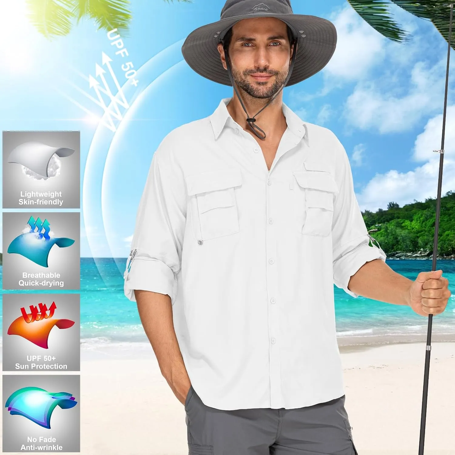 Mens Safari Shirts Long Sleeve UV Protection Hiking Fishing UPF 50  Quick Dry Camping Travel Shirts