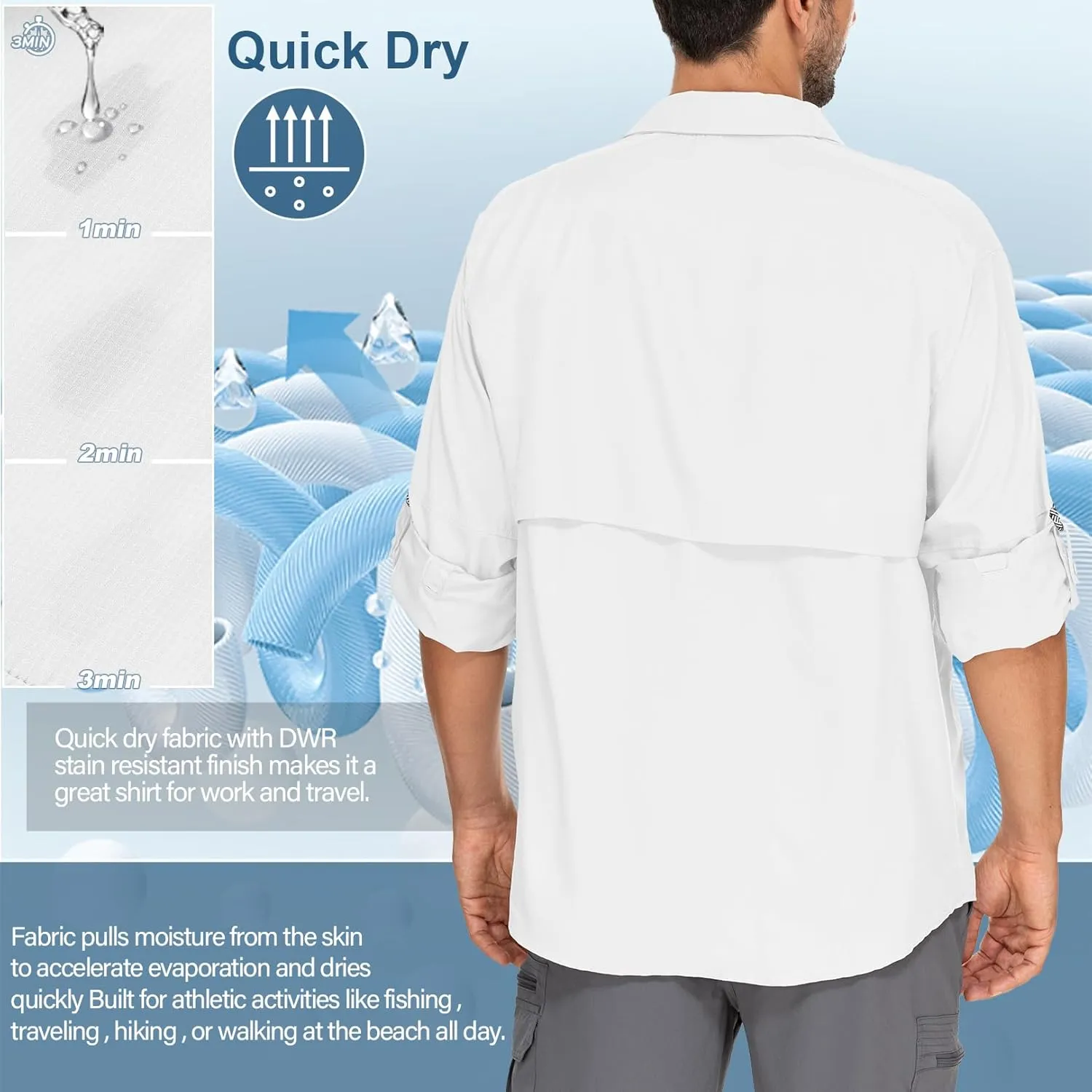 Mens Safari Shirts Long Sleeve UV Protection Hiking Fishing UPF 50  Quick Dry Camping Travel Shirts